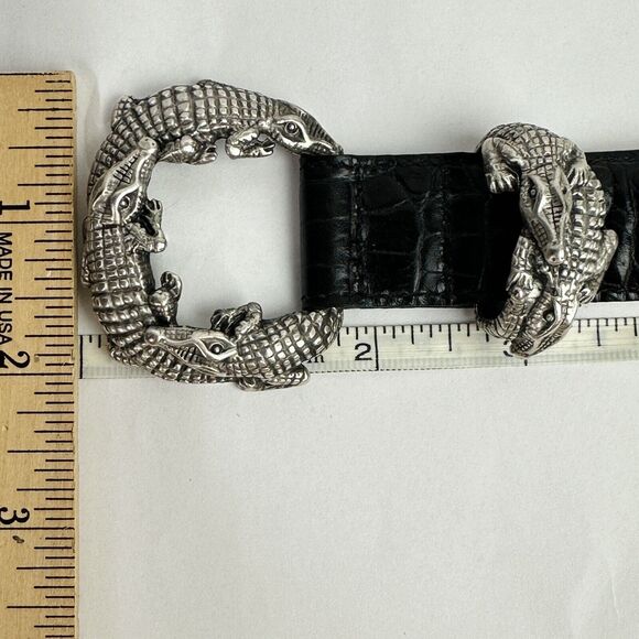 Vintage Sculptural Alligator Belt Silver Buckle Black Leather Strap Women\'s Sz S main image 3